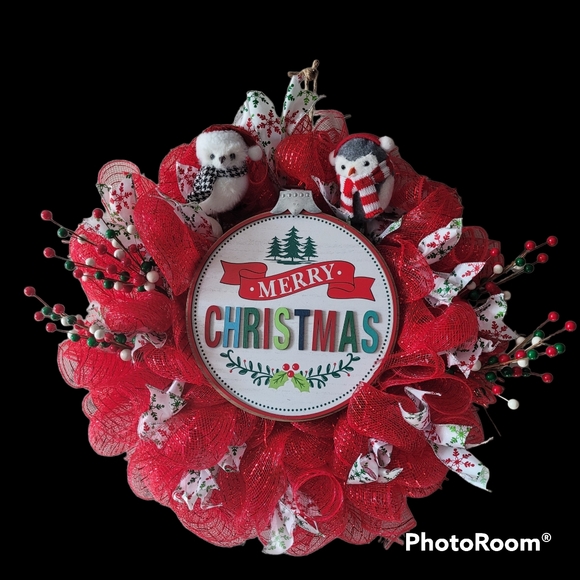 Merry Christmas Wreath with Owls, Ribbon, and Colorful Wooden Ornament Sign - Picture 3 of 4
